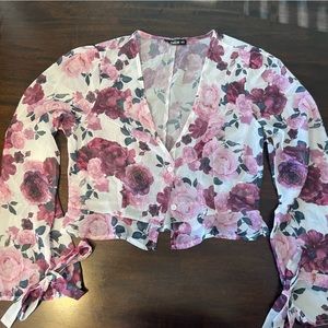 Sheer floral print long sleeve crop top